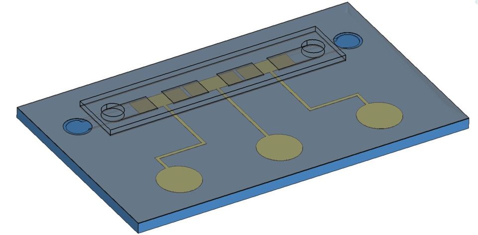Rendering of the MEMS electrostatic zipper pump chip with electrodes and membrane chambers
