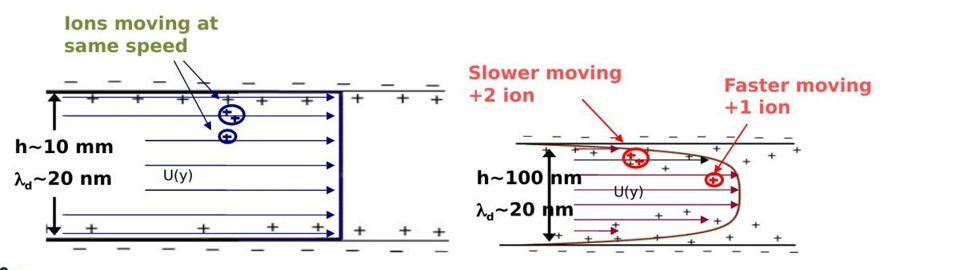 Ion velocity profiles in a microchannel compared with a nanochannel, where ions of different charge separate